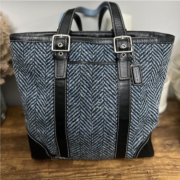 Coach Hampton Blue Black Wool Tweed Leather Trim Tote - Picture 1 of 10